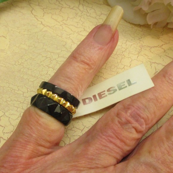 DIESEL Black Gold Stack Rings Unisex~Vintage NOS Industrial Size 6.5 Stack Rings - Picture 1 of 14